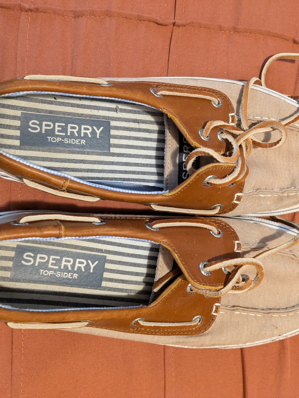 Sperry Tan Canvas with Brown Leather Trim Boat Shoes